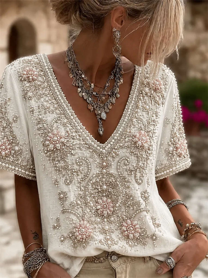 Women's White Floral Embroidered V Neck Short Sleeve Blouse