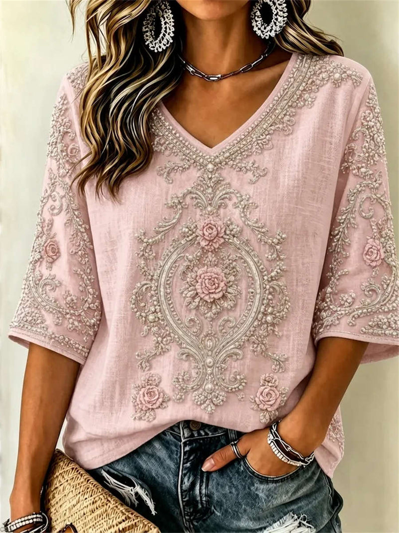 Women's Pink Floral Embroidered V Neck 3/4 Sleeve Blouse