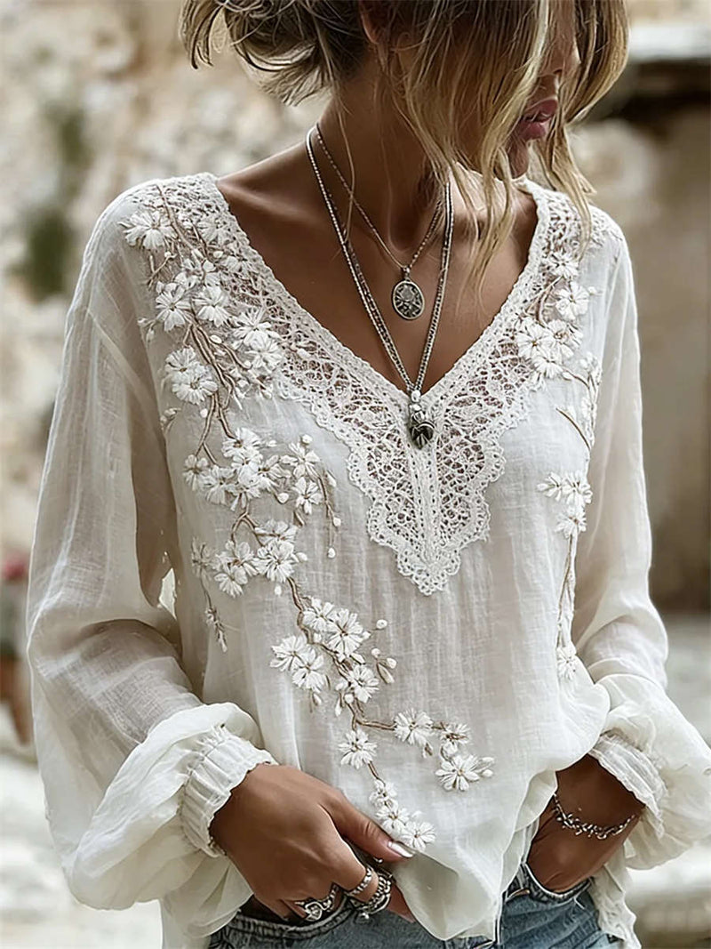Women's White Floral Lace Embroidered V Neck Long Sleeve Blouse