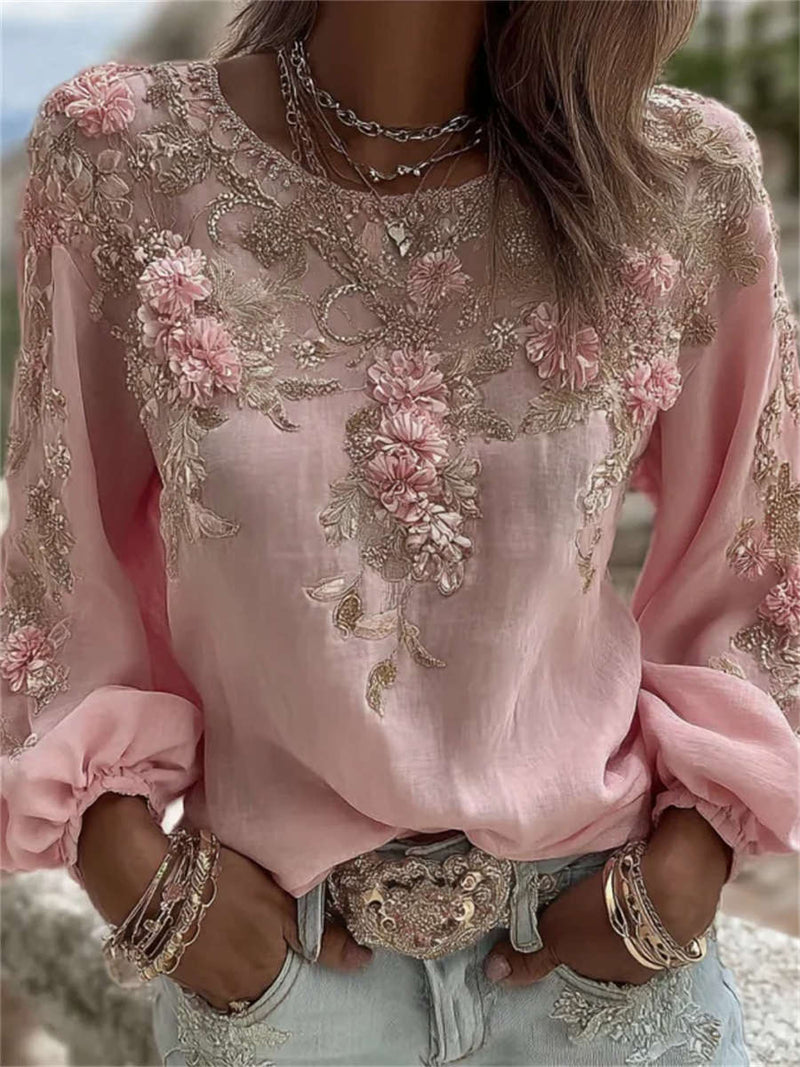 Women's Pink Floral Embroidered Round Neck Long Sleeve Blouse