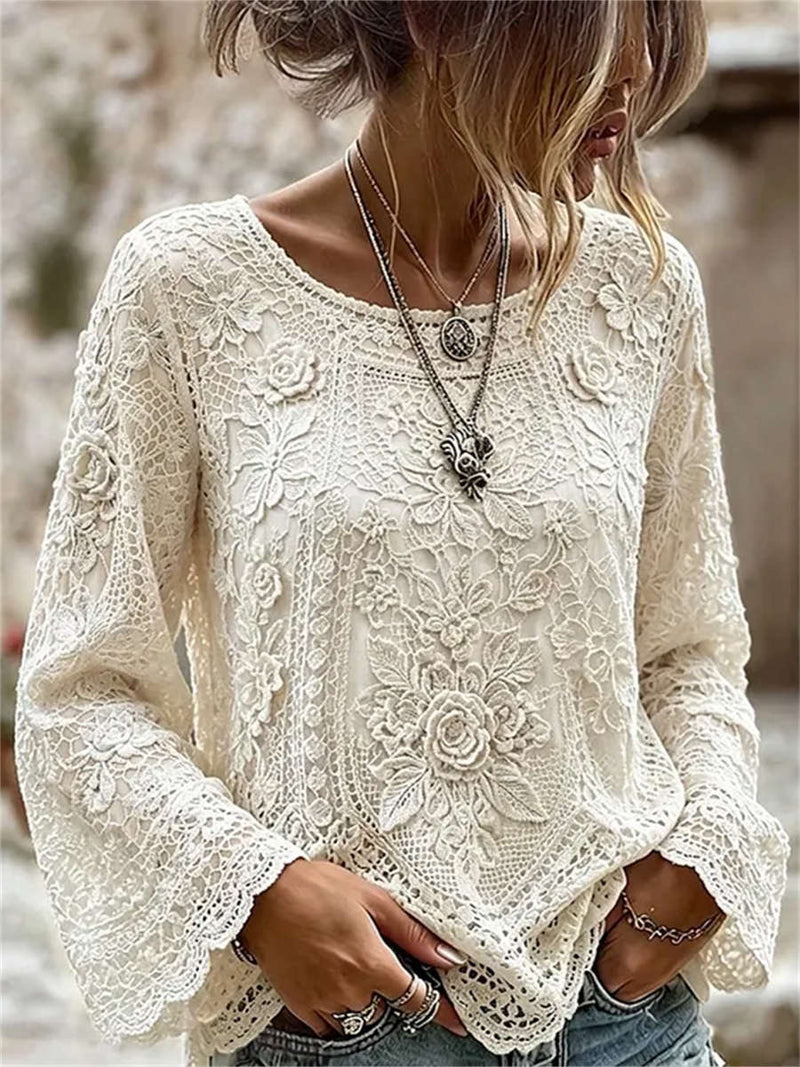 Women's Off White Floral Lace Embroidered Round Neck Long Sleeve Blouse
