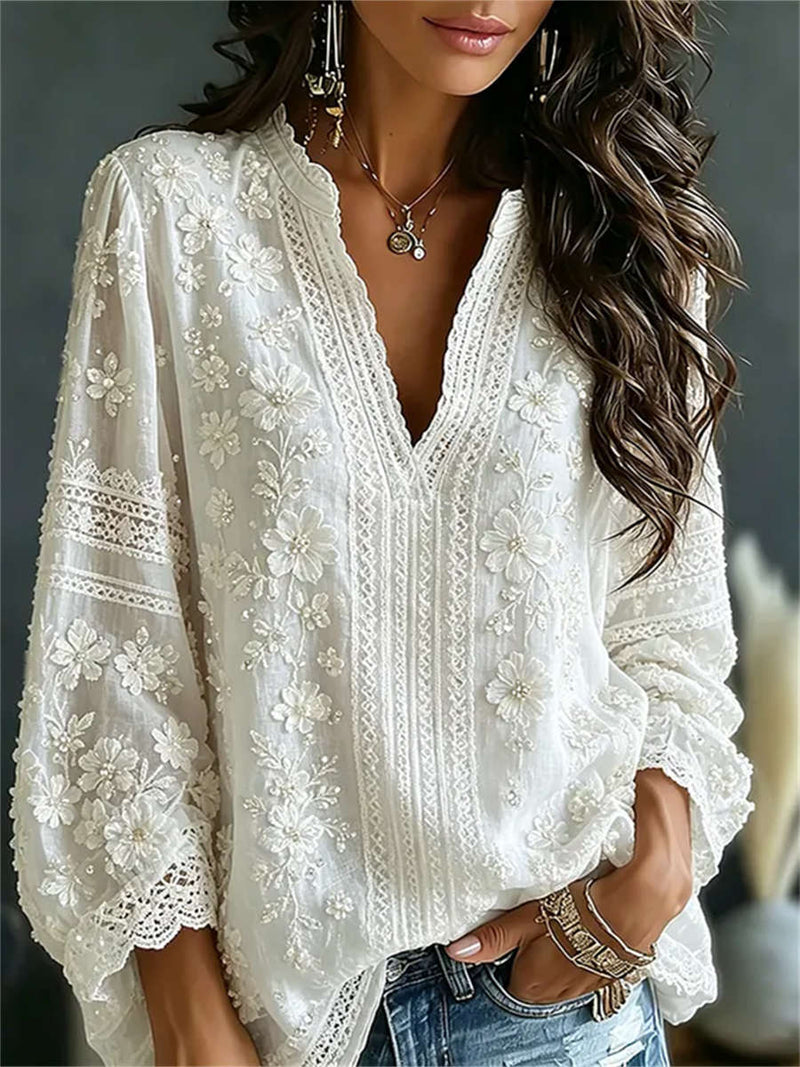 Women's White Floral Embroidered Lace Trim V Neck Long Sleeve Blouse