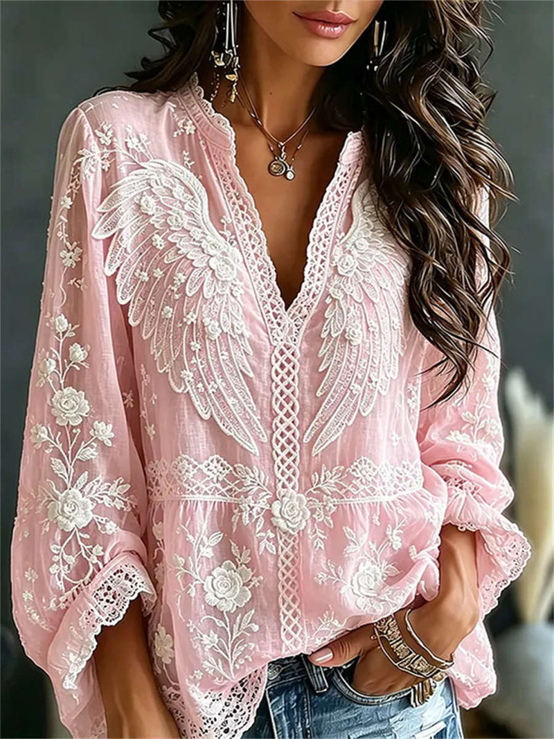 Women's Pink Wing Floral Embroidered Lace Trim V Neck Long Sleeve Blouse