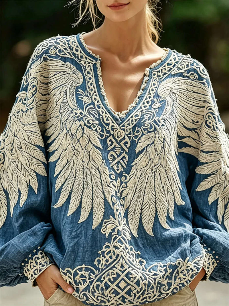 Women's Blue Wing Embroidery V Neck Long Sleeve Blouse