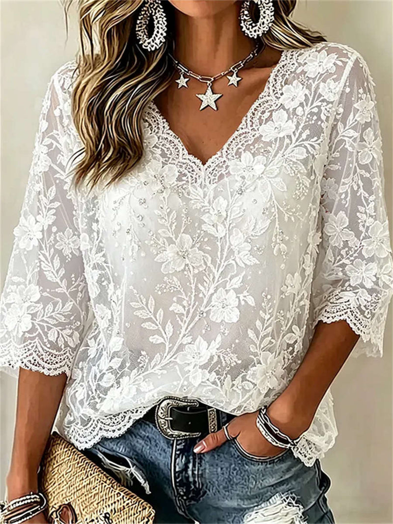 Women's White Floral Embroidery Lace V Neck 3/4 Sleeve Blouse