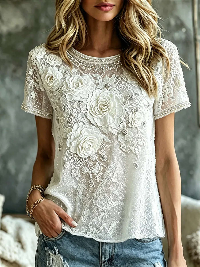 Women's White Rose Embroidered Round Neck Short Sleeve Blouse