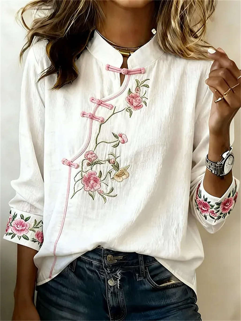 Women's White Frog Button Floral Embroidered Stand Collar Long Sleeve Blouse
