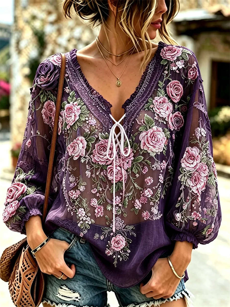 Women's Purple Floral Embroidery Lace Tie V Neck Long Sleeve Blouse