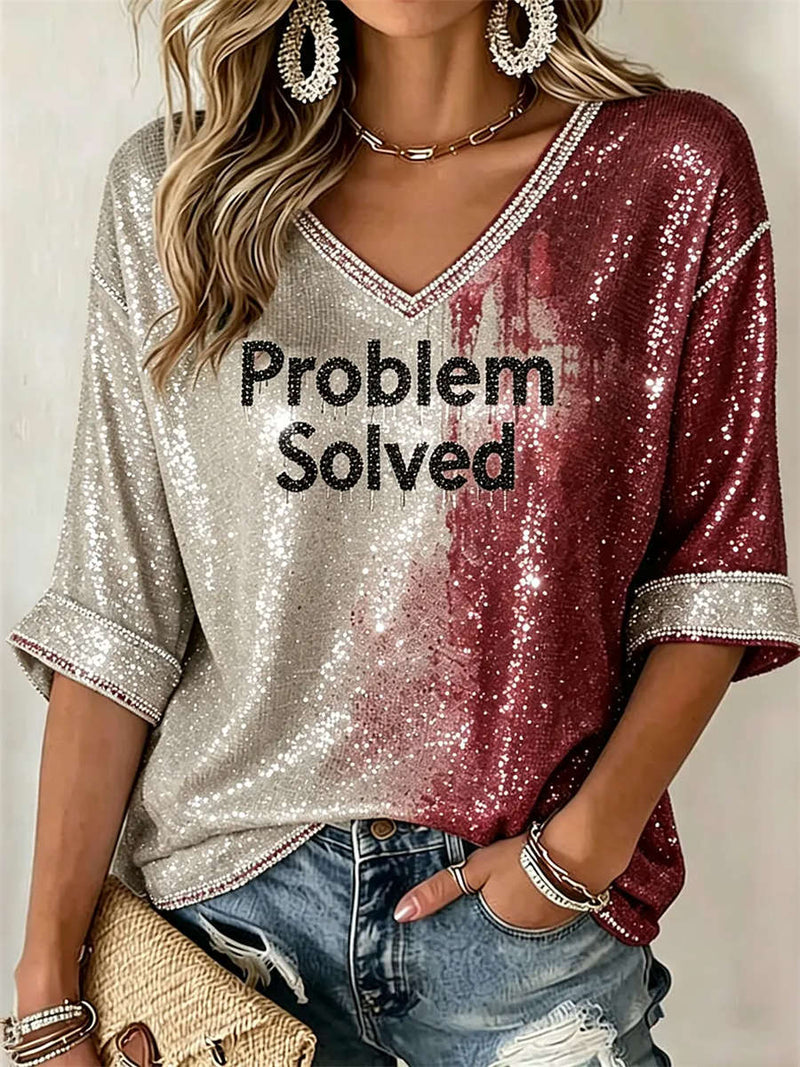 Women's Beige Red Gradient Letter Print V Neck 3/4 Sleeve Blouse