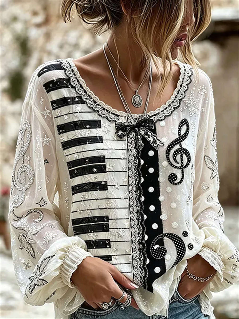 Women's White Music Note Print Lace Round Neck Long Sleeve Blouse