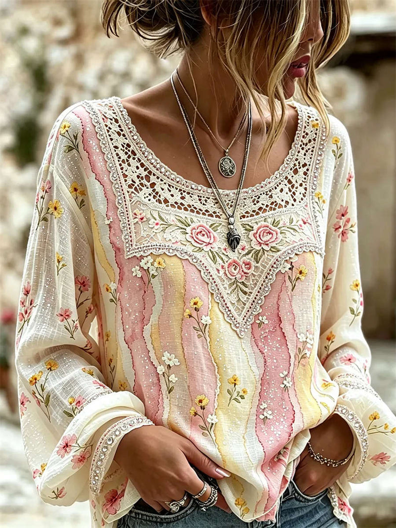 Women's Colorful Floral Embroidery Lace Round Neck Long Sleeve Blouse