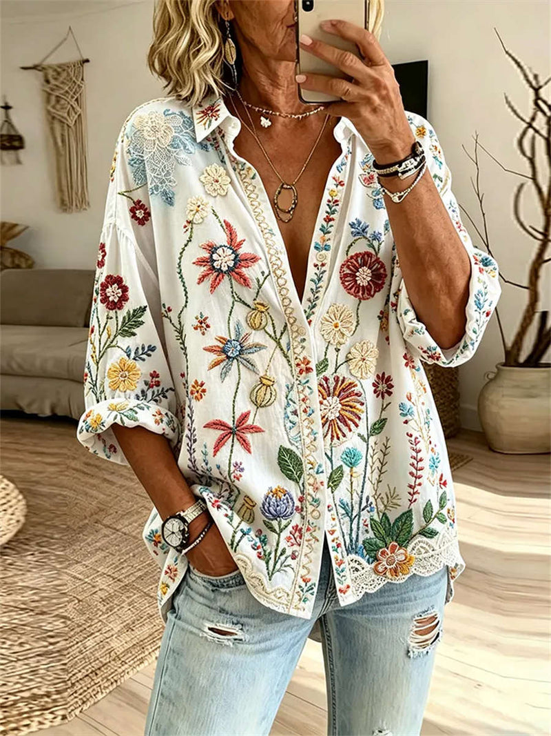 Women's White Colorful Floral Embroidery Lapel Long Sleeve Shirt