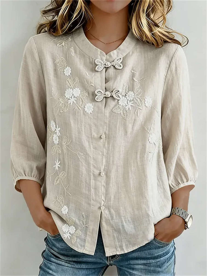 Women's Light Khaki Floral Embroidery Frog Button Stand Collar 3/4 Sleeve Blouse