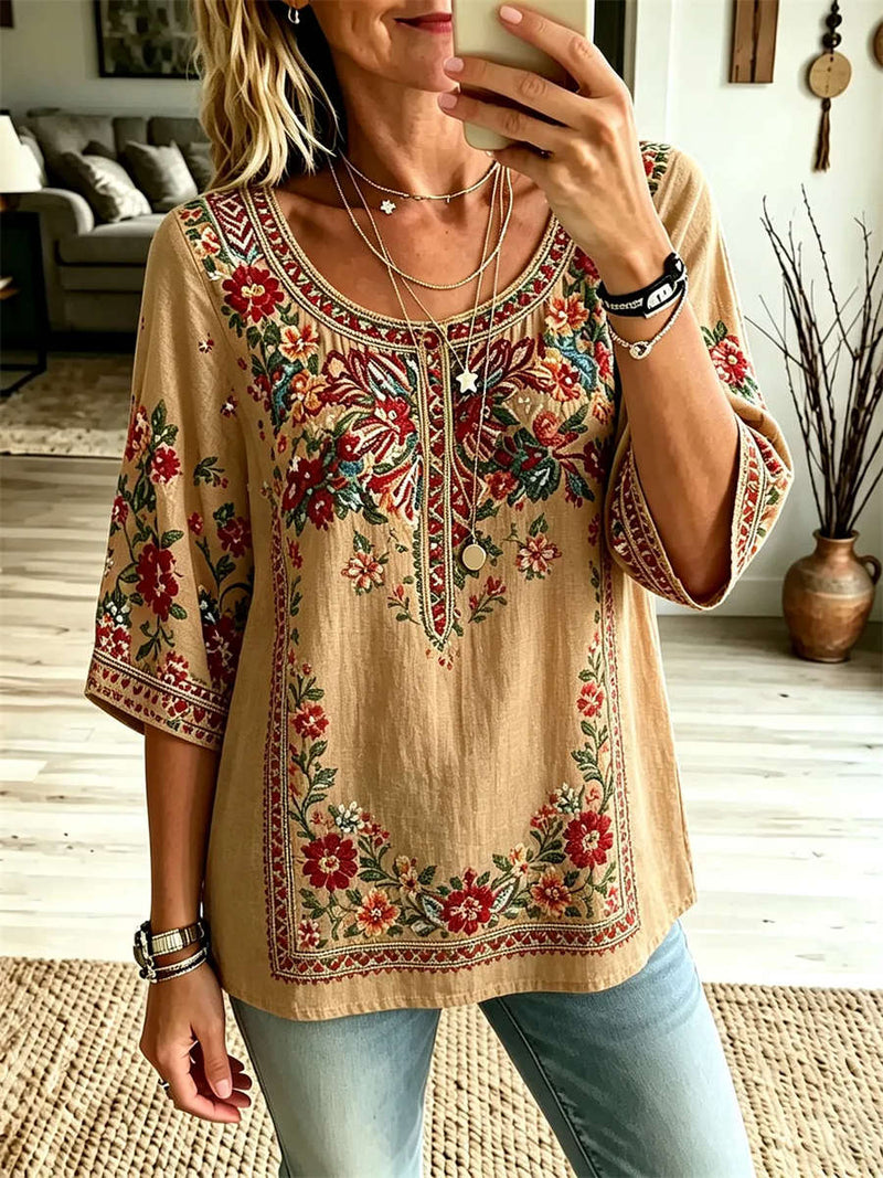 Women's Khaki Floral Embroidery Scoop Neck 3/4 Sleeve Blouse