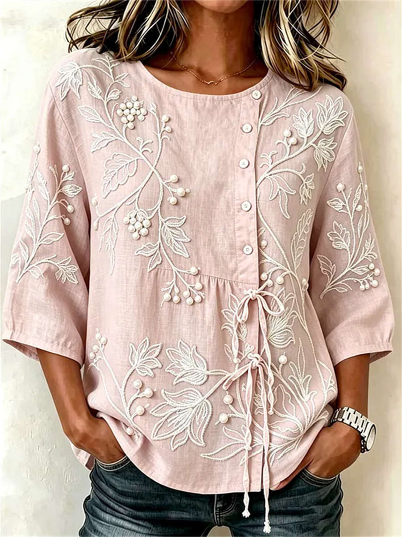 Women's Pink Floral Embroidery Round Neck 3/4 Sleeve Blouse