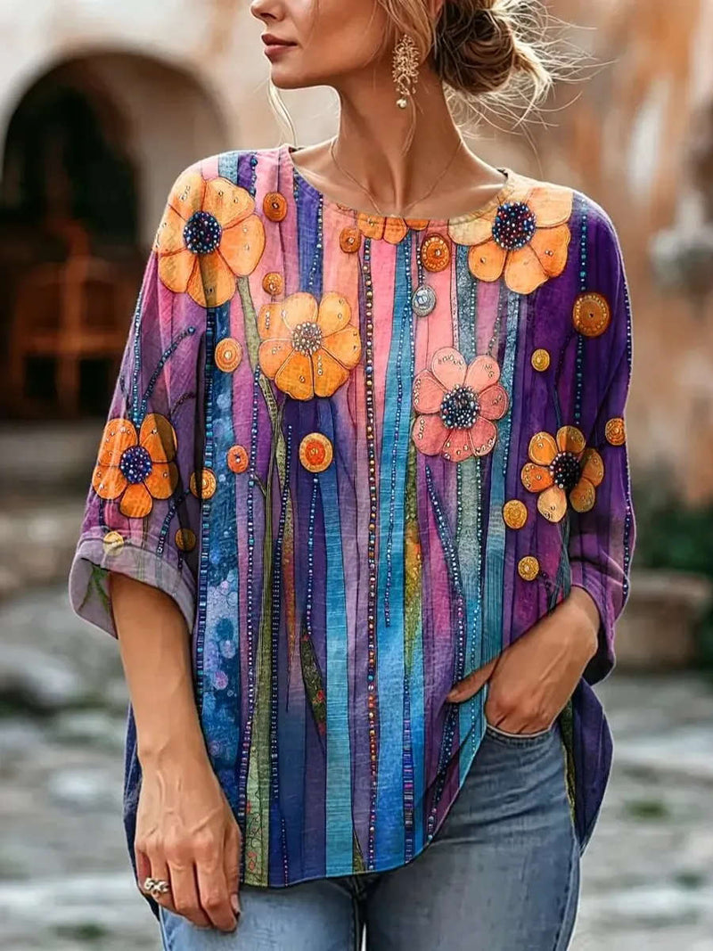 Women's Multi Floral Print Round Neck 3/4 Sleeve Blouse