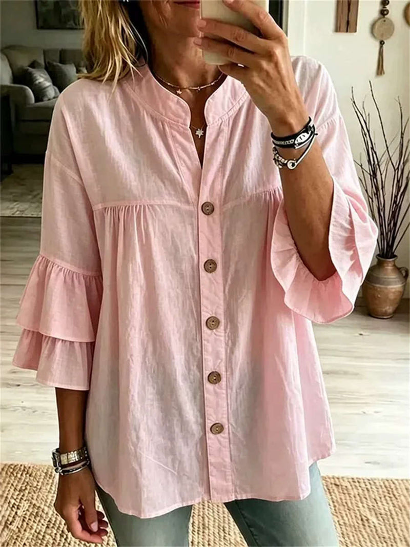 Women's Pink Button Down Stand Collar Ruffle 3/4 Sleeve Blouse
