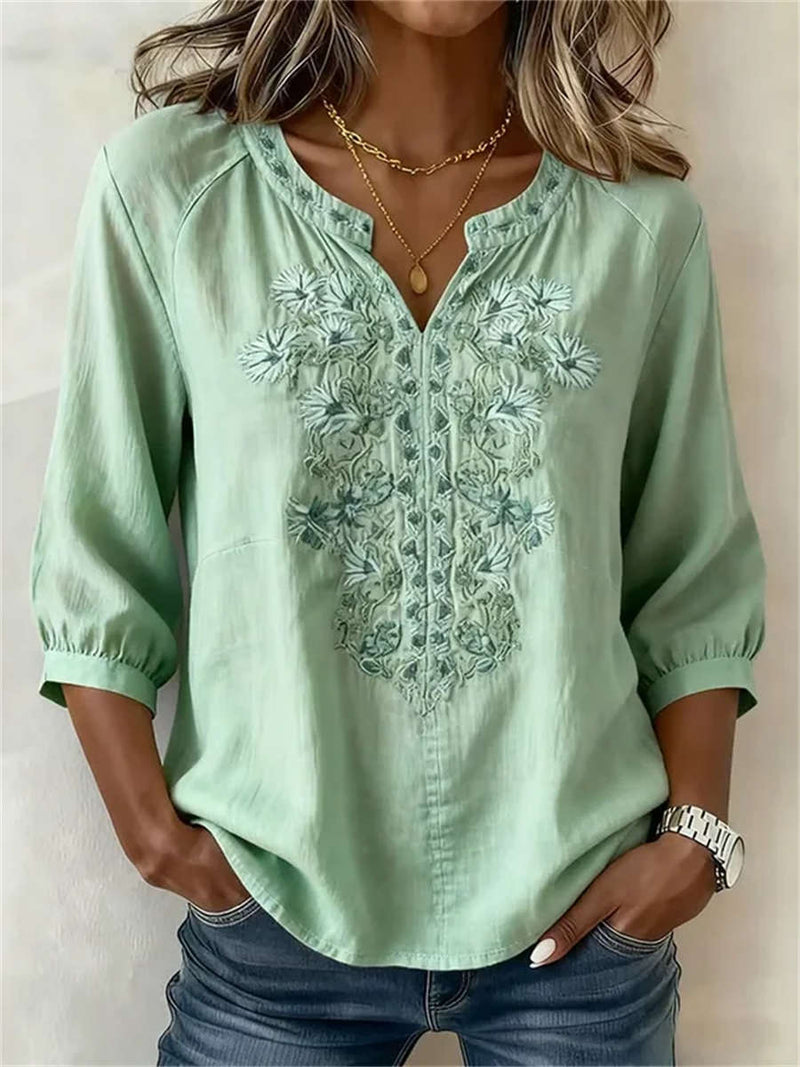 Women's Light Green Floral Embroidery Notch V Neck 3/4 Sleeve Blouse