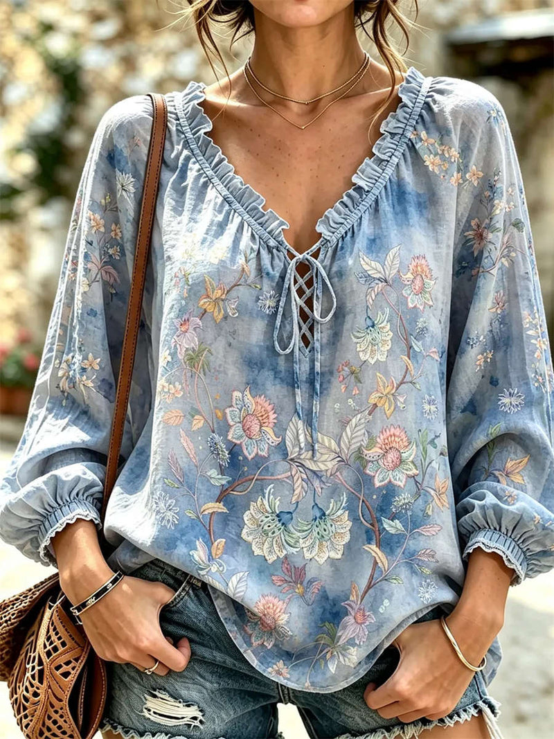 Women's Blue Floral Print Lace-up V Neck Long Sleeve Blouse