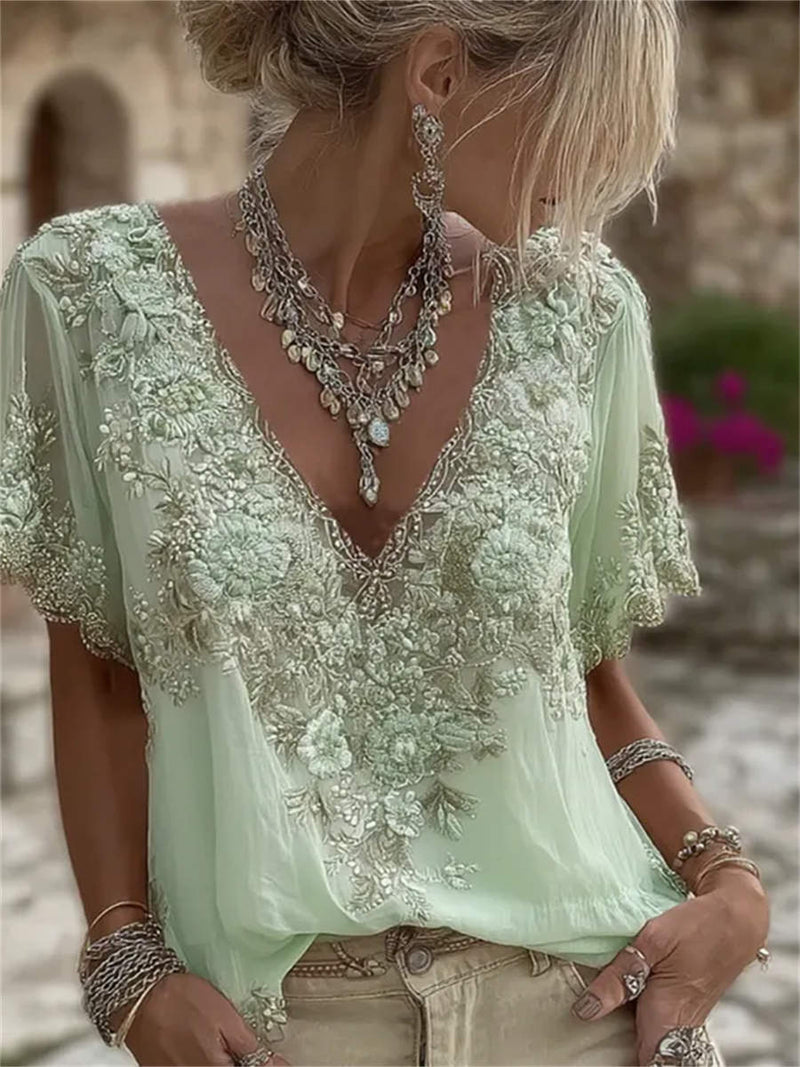 Women's Green Floral Lace Embroidery V Neck Short Sleeve Blouse