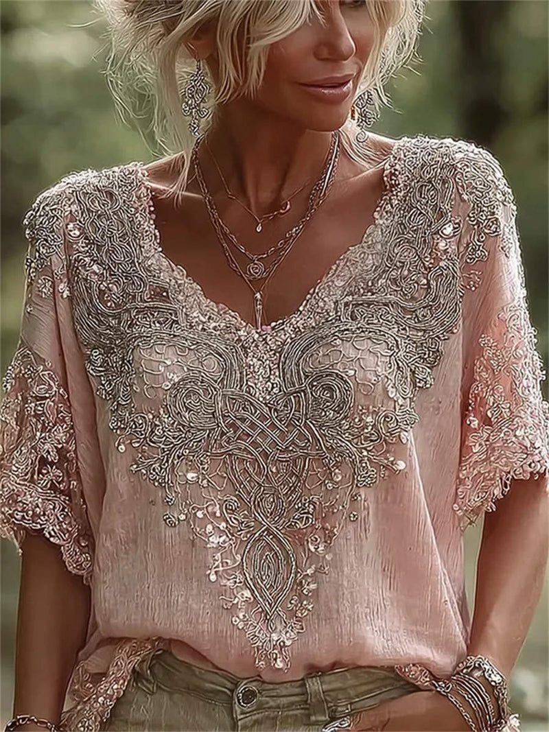 Women's Pink Vintage Embroidery Lace V Neck Short Sleeve Blouse