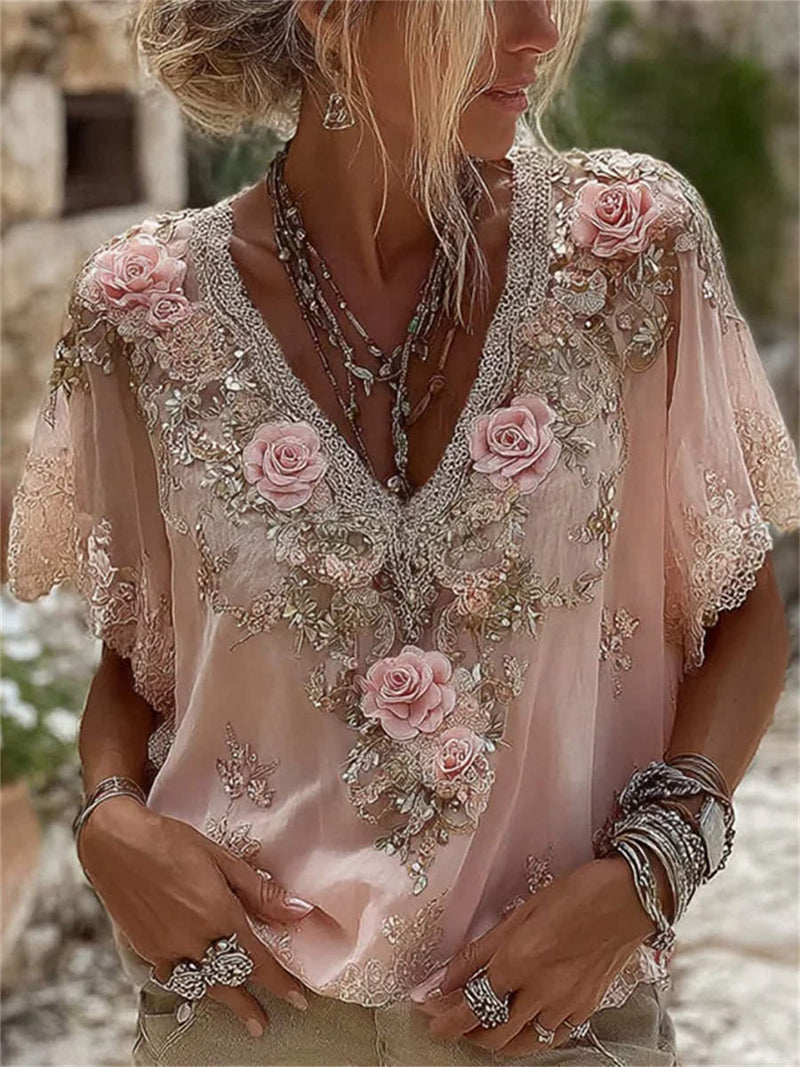 Women's Pink Rose Embroidery Lace V Neck Short Sleeve Blouse