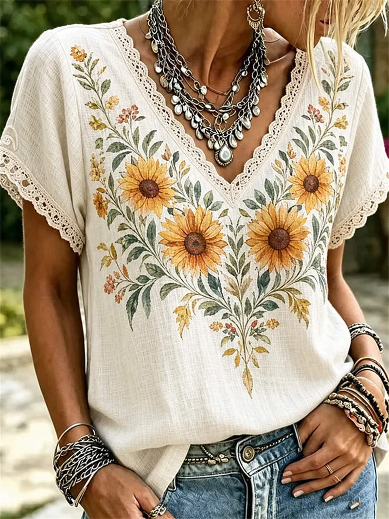 Women's Beige Sunflower Floral Print Lace V Neck Short Sleeve Blouse