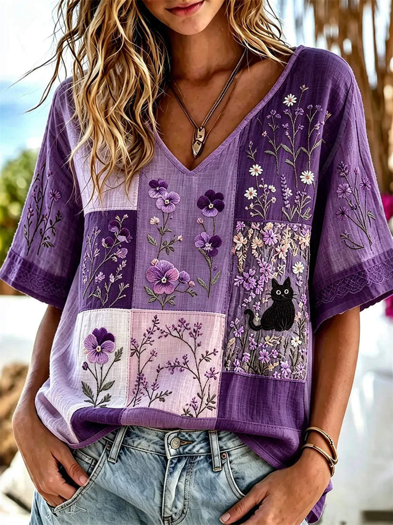 Women's Purple Patchwork Cat Floral Embroidery V Neck Half Sleeve Blouse