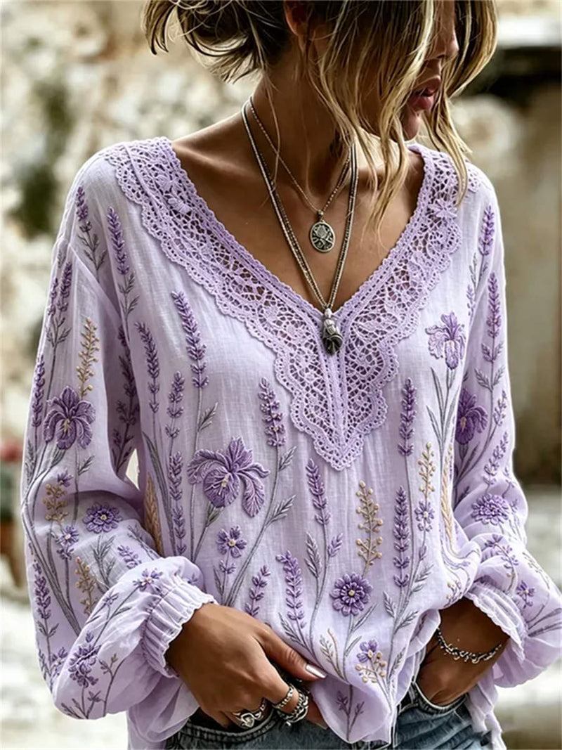 Women's Purple Floral Embroidery Lace V Neck Long Sleeve Blouse