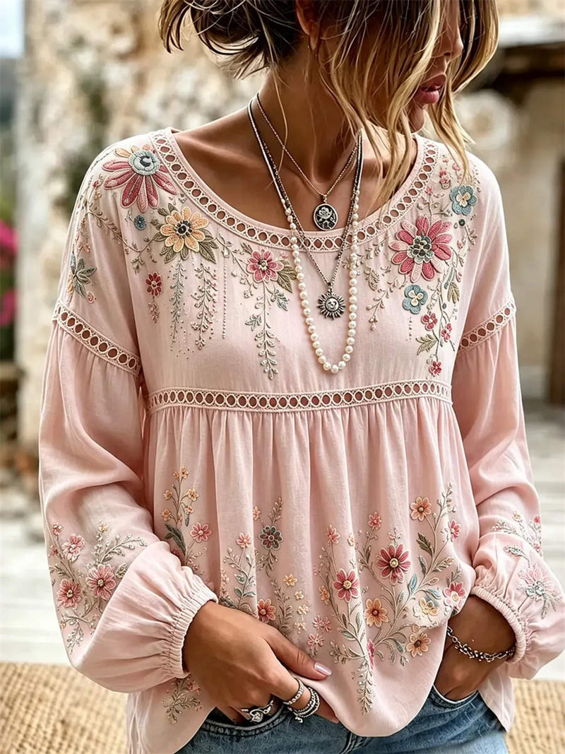 Women's Pink Floral Print Eyelet Round Neck Long Sleeve Blouse