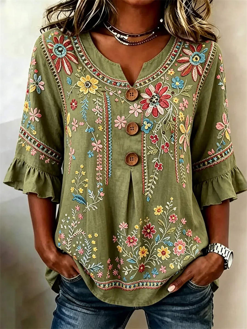 Women's Olive Floral Embroidery Notch Neck Ruffle 3/4 Sleeve Blouse