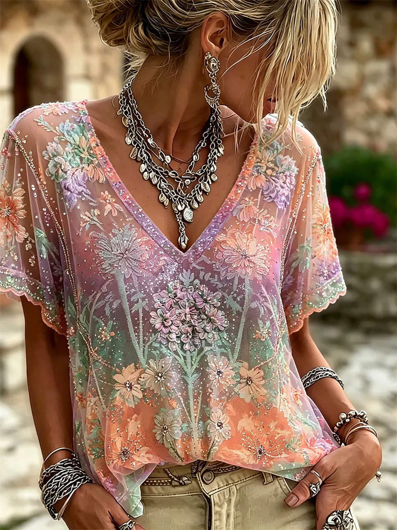 Women's Orange Gradient Floral Embroidery V Neck Short Sleeve Blouse