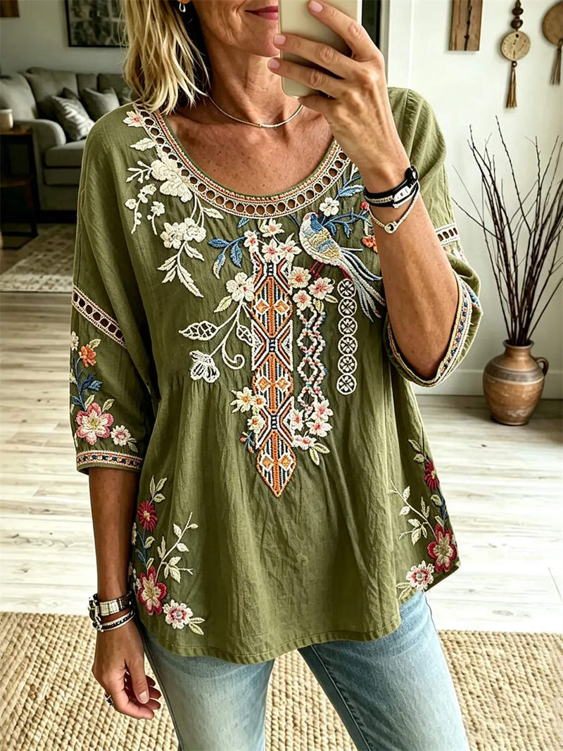 Women's Olive Bird Floral Embroidery Eyelet Round Neck 3/4 Sleeve Blouse