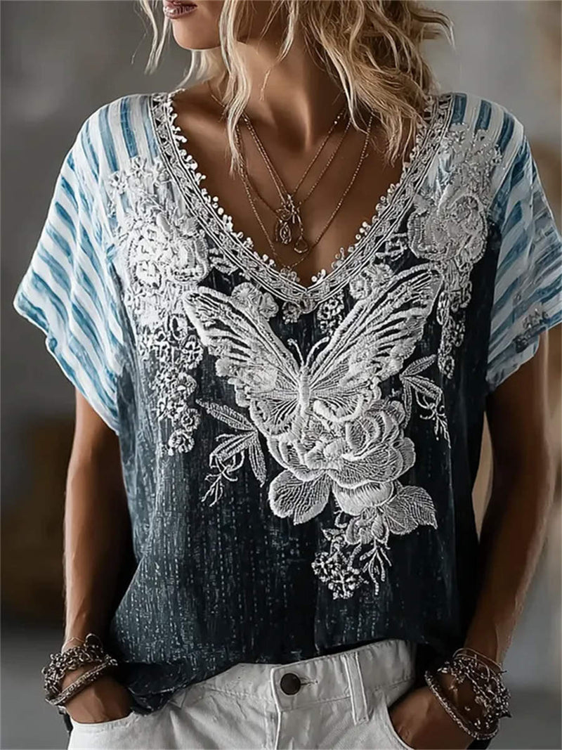 Women's Black Blue Butterfly Floral Embroidery Lace V Neck Short Sleeve Blouse