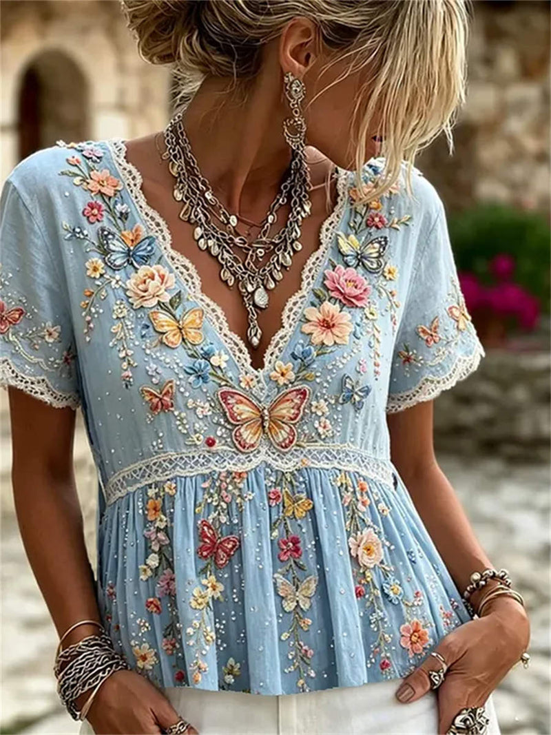 Women's Light Blue Butterfly Floral Embroidery Lace V Neck Short Sleeve Blouse