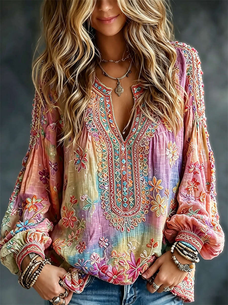 Women's Multi Tie Dye Floral Embroidery Notch V Neck Long Sleeve Blouse