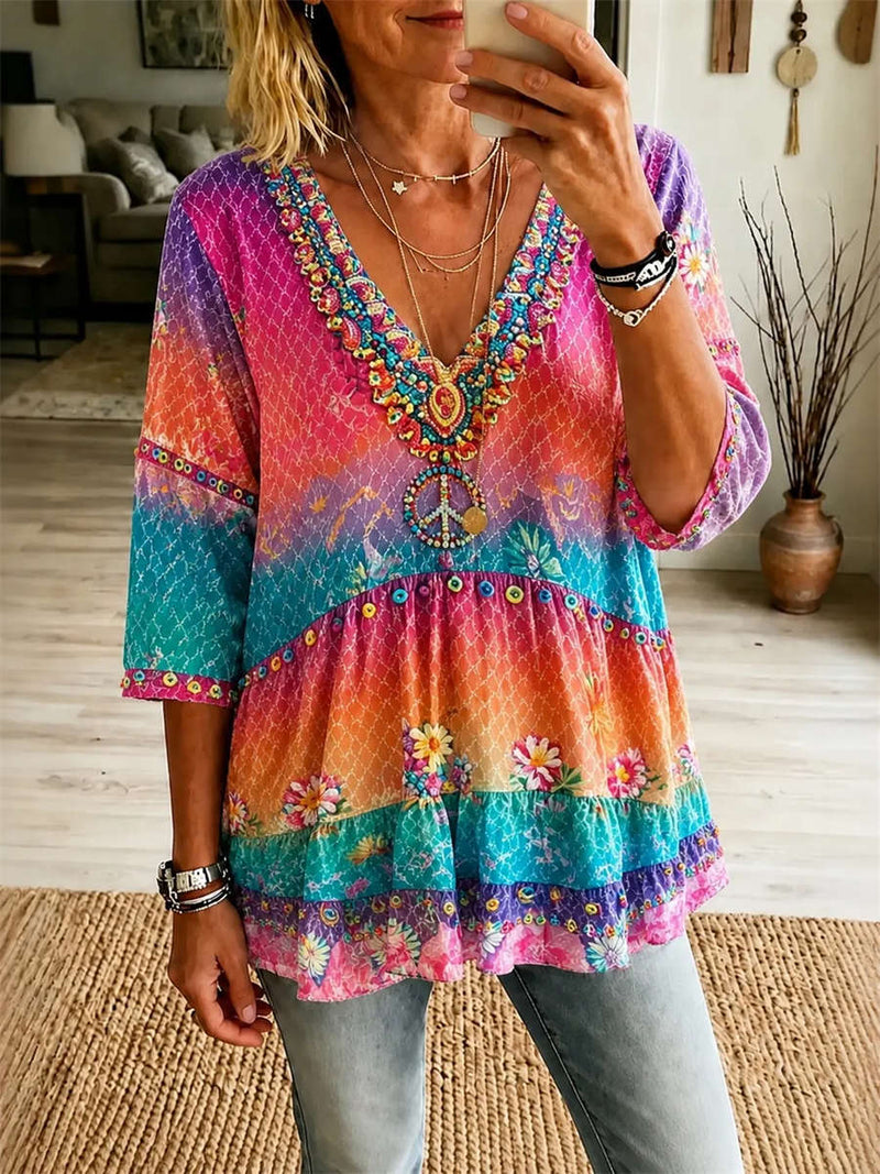 Women's Multi Floral Print V Neck 3/4 Sleeve Blouse