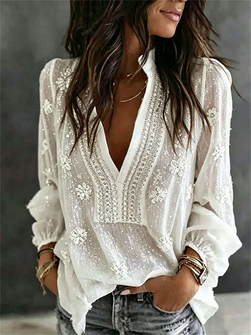 Women's White Floral Embroidery V Neck Long Sleeve Blouse