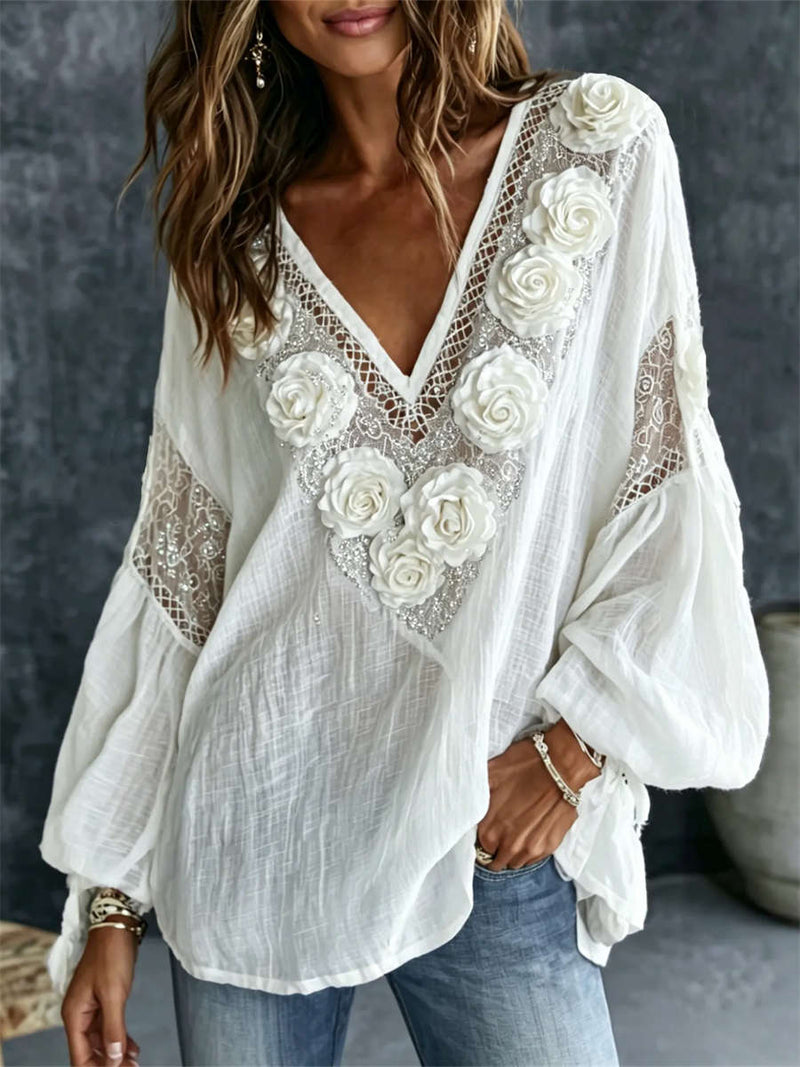 Women's White Rose Hollow Lace V Neck Long Sleeve Blouse