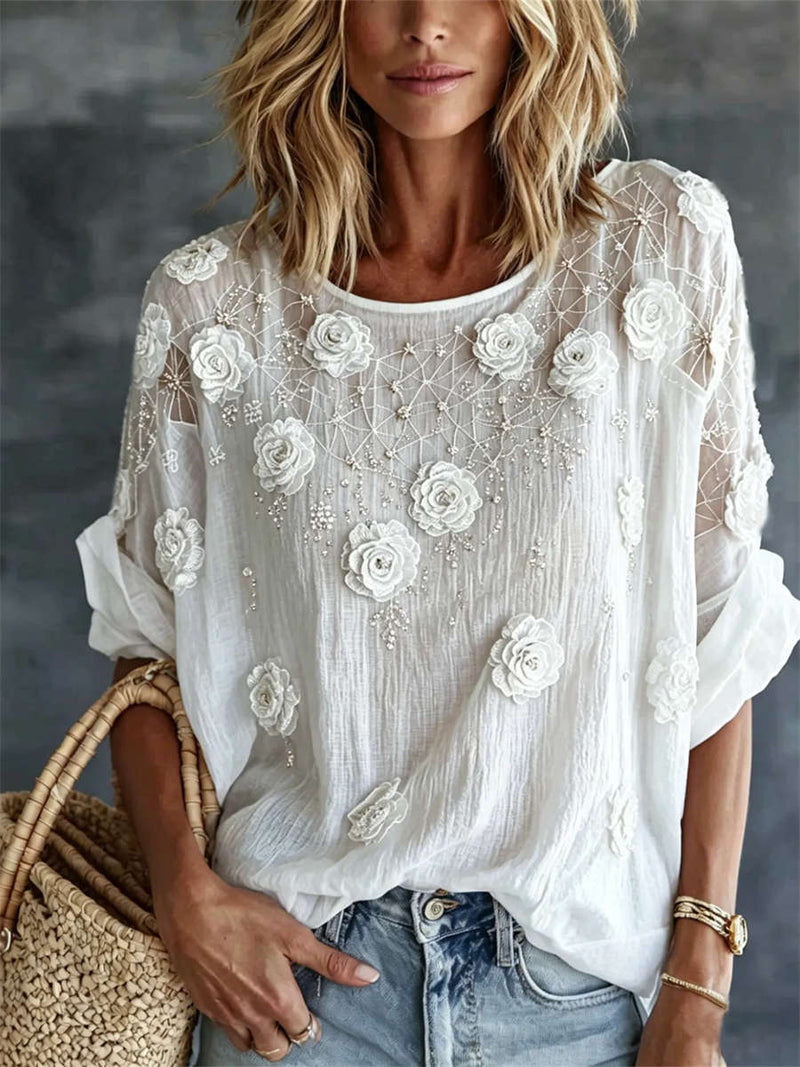 Women's White Rose Embroidery Round Neck Long Sleeve Blouse