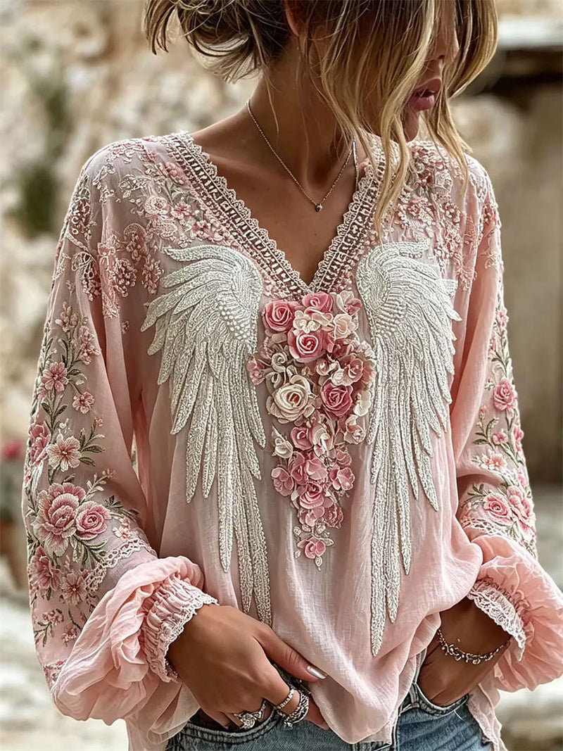 Women's Pink Wing Rose Embroidery V Neck Long Sleeve Blouse