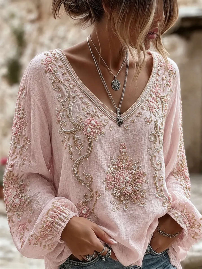 Women's Pink Floral Embroidery V Neck Long Sleeve Blouse
