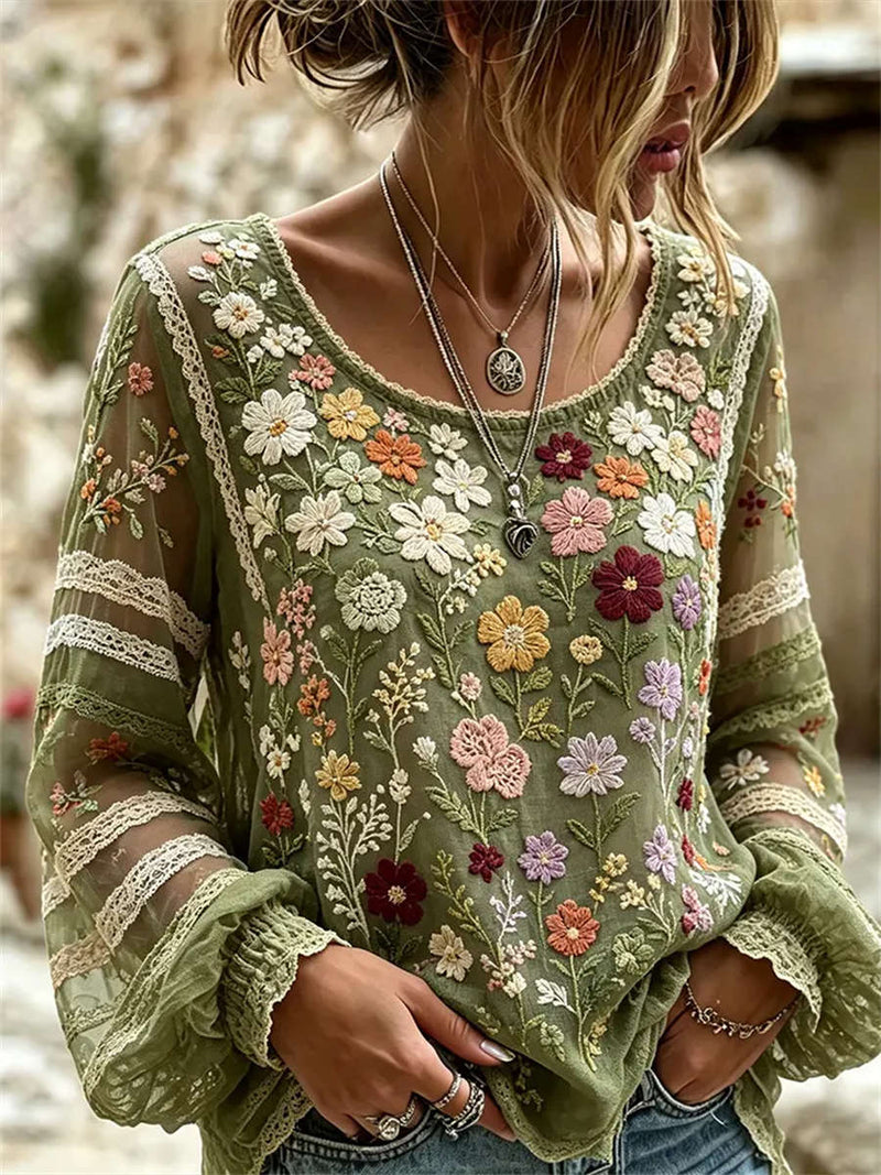 Women's Green Floral Embroidery Lace Round Neck Long Sleeve Blouse