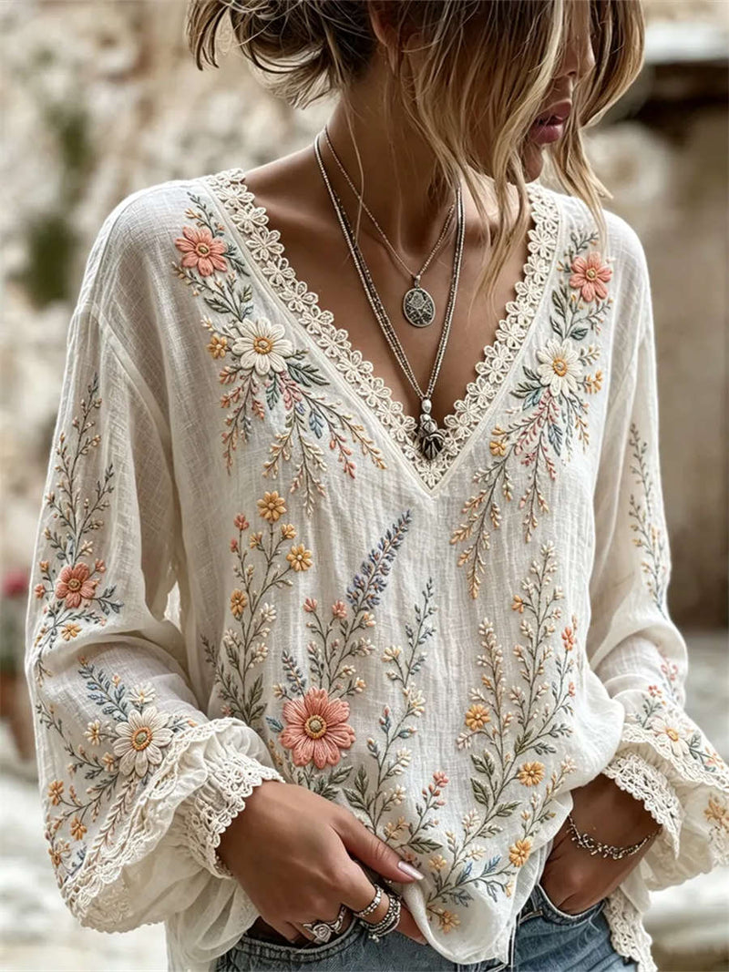 Women's White Floral Embroidery Lace V Neck Long Sleeve Blouse