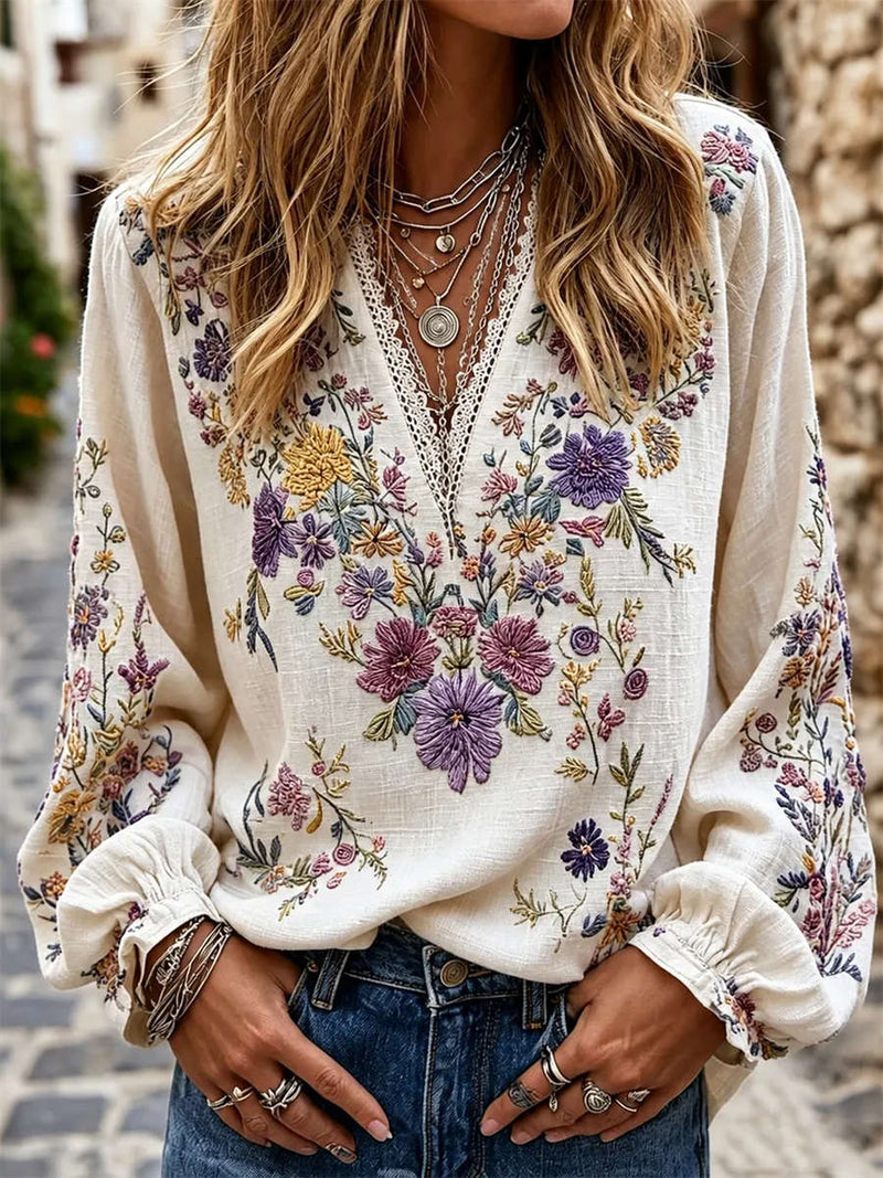 Women's Beige Floral Embroidery Lace V Neck Long Sleeve Blouse