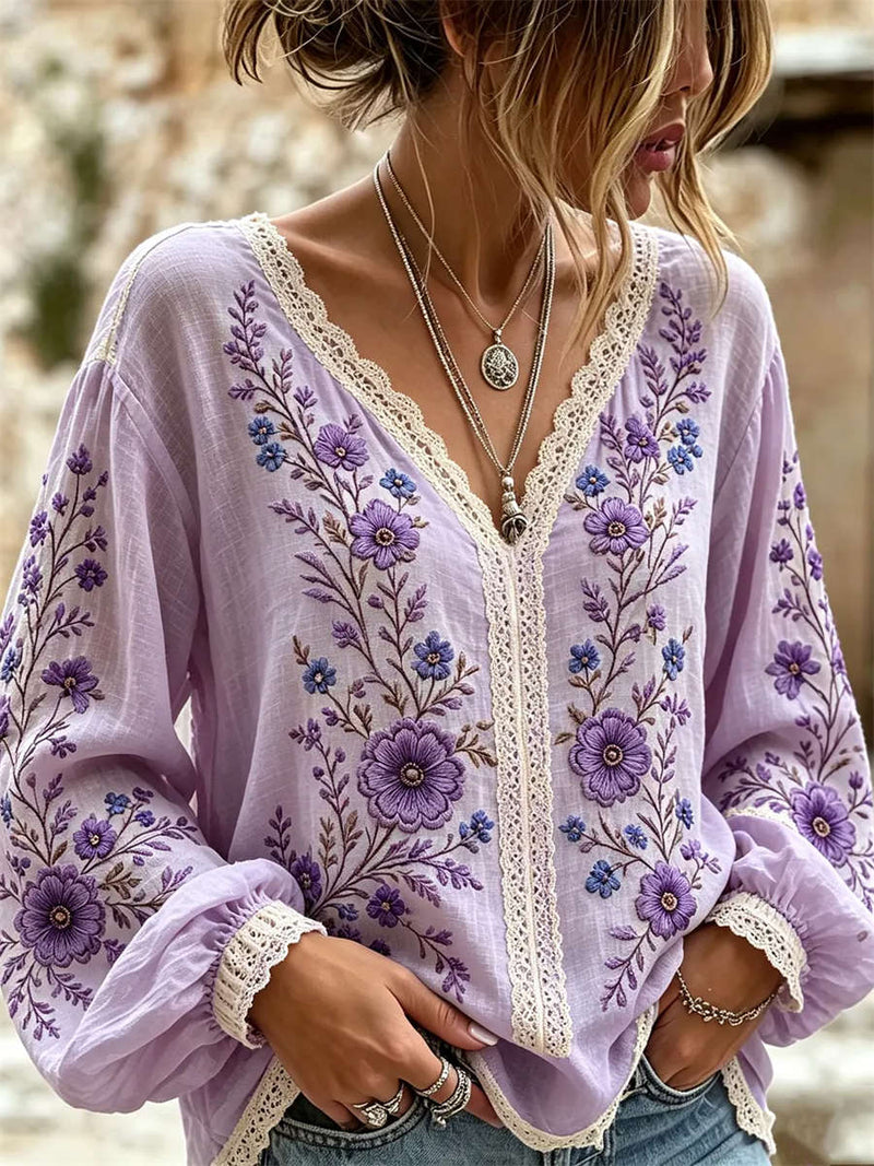Women's Purple Floral Embroidery Lace V Neck Long Sleeve Blouse