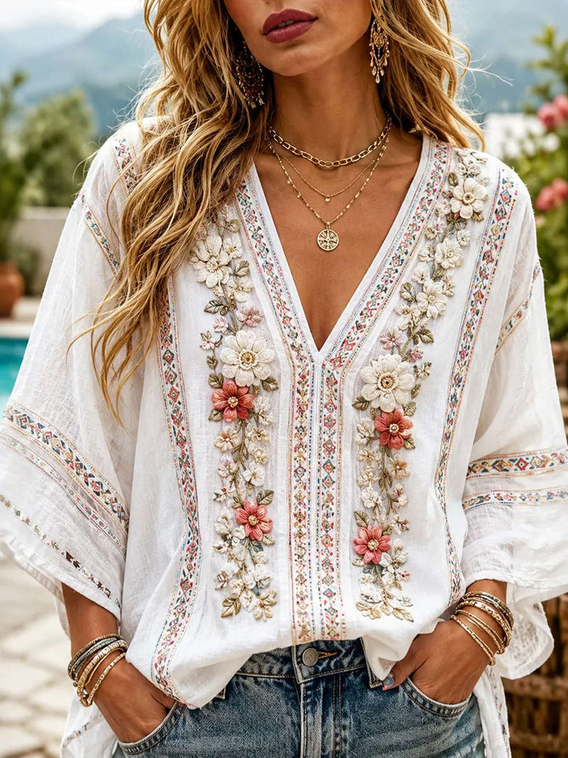 Women's White Floral Embroidery V Neck 3/4 Sleeve Blouse