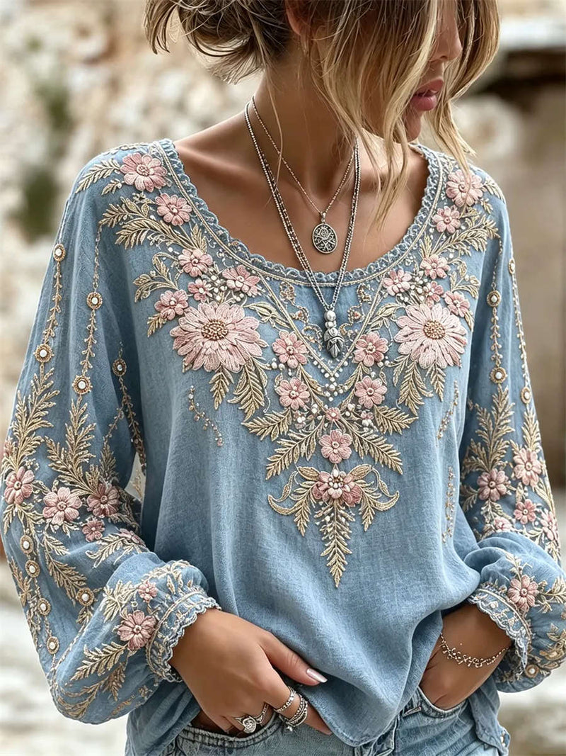 Women's Blue Floral Embroidery Round Neck Long Sleeve Blouse