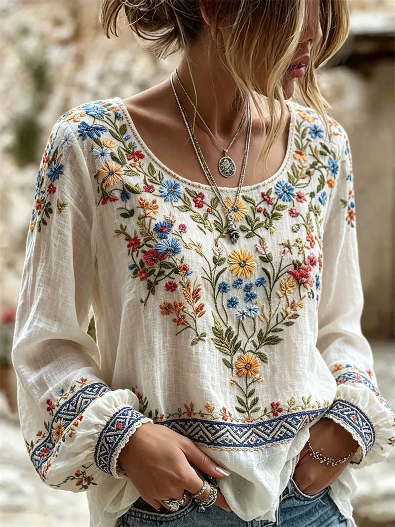 Women's White Multicolor Floral Embroidery Round Neck Long Sleeve Blouse