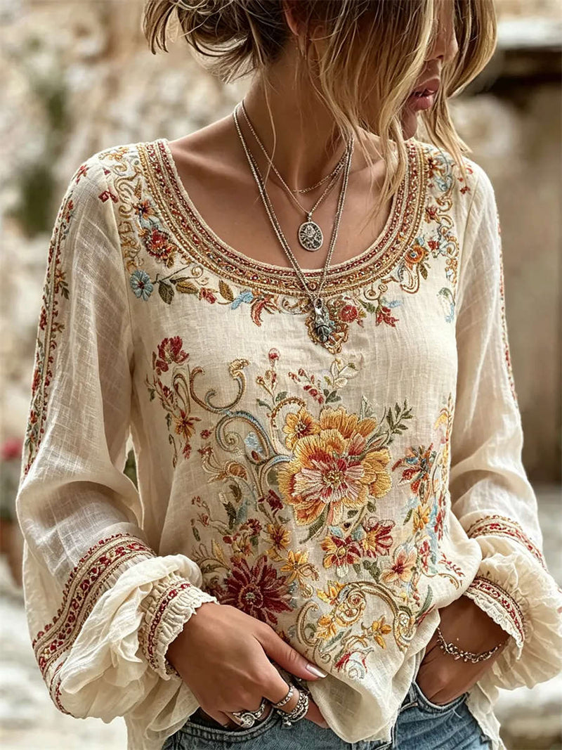 Women's Beige Vintage Floral Embroidery Round Neck Long Sleeve Blouse